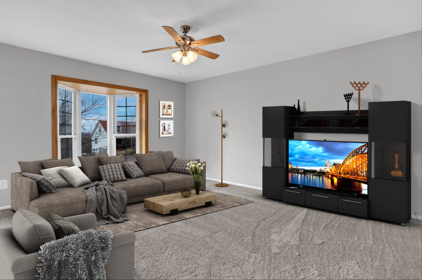 Beautifully furnished room after professional virtual staging with realistic furniture and décor